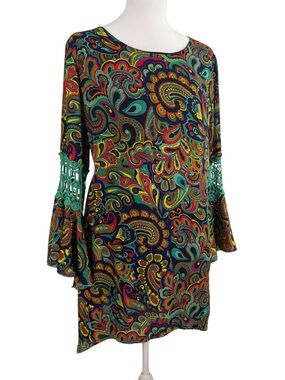 Lady Noiz Printed Paisley crochet Bell-Sleeve Tunic Dress - Teal Multi Size M